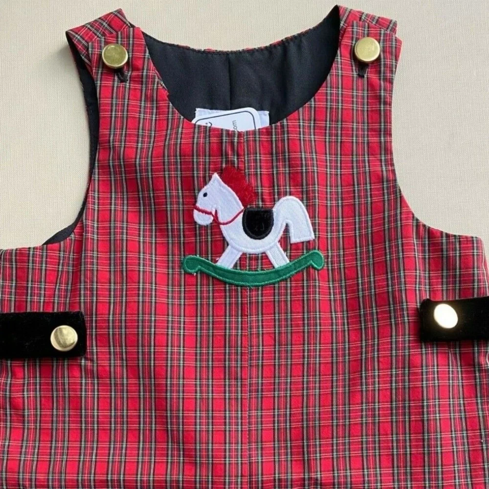 Florence Eiseman NWT Baby Boy Red Holiday Plaid Rocking Horse Longall Overall 9M